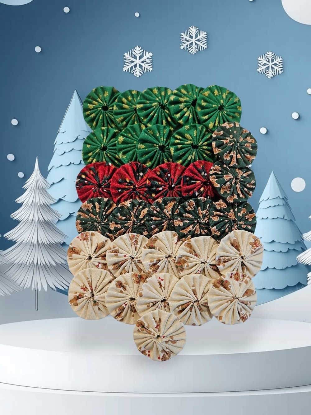 Hand Sewn Christmas Fabric Yo Yos, Set of 31,  2 Inches Wide,  4 Fabrics - Picture 2 of 15